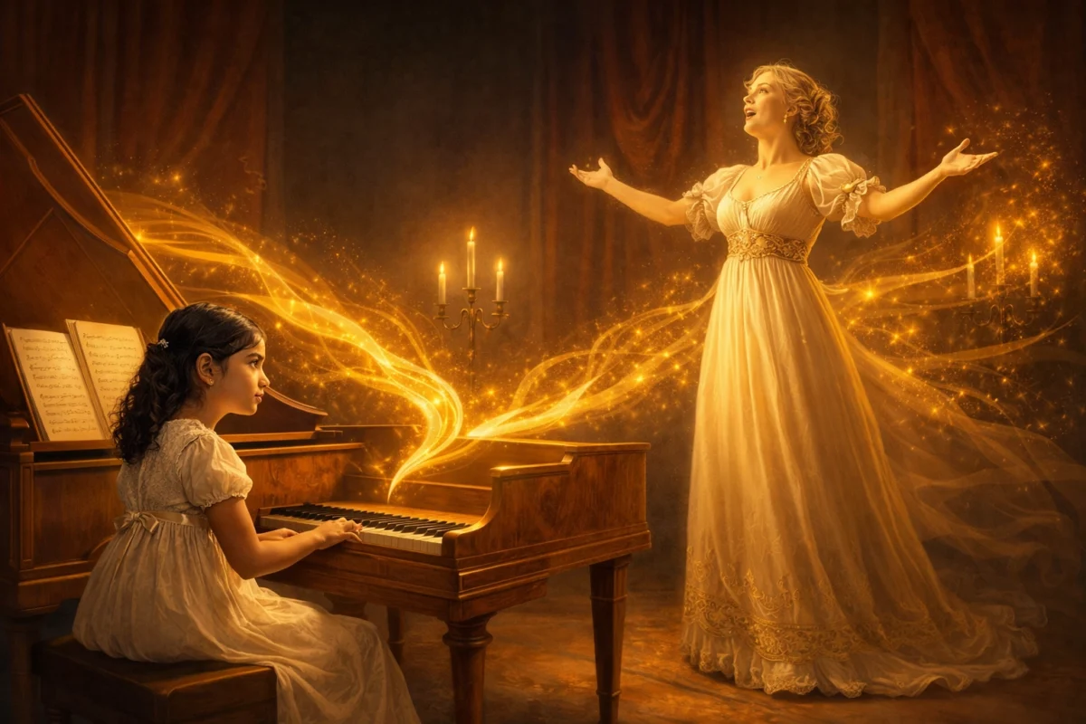 Modello vocale Bel Canto per improvvisazione di cadenza al pianoforte che mostra il fraseggio guidato dal cantante per studenti di improvvisazione storica