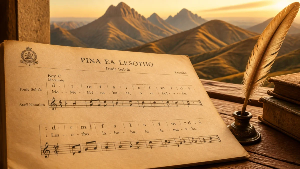 Toma artística en primer plano de un manuscrito musical de Lesoto con notación de solfeo y pentagrama, que simboliza el legado académico de Joshua Pulumo Mohapeloa.