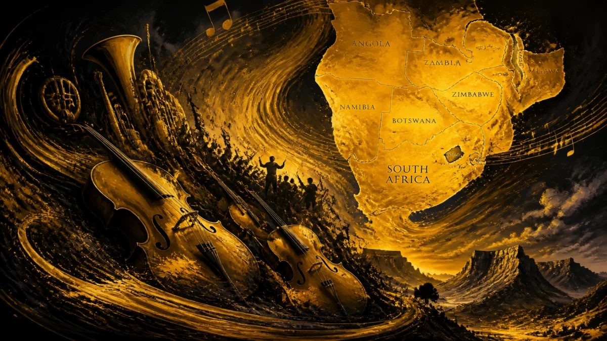 Representación abstracta de un poema sinfónico con instrumentos arremolinados y un mapa del sur de África, evocando 'Fatše La Heso' de Michael Mosoeu Moerane.