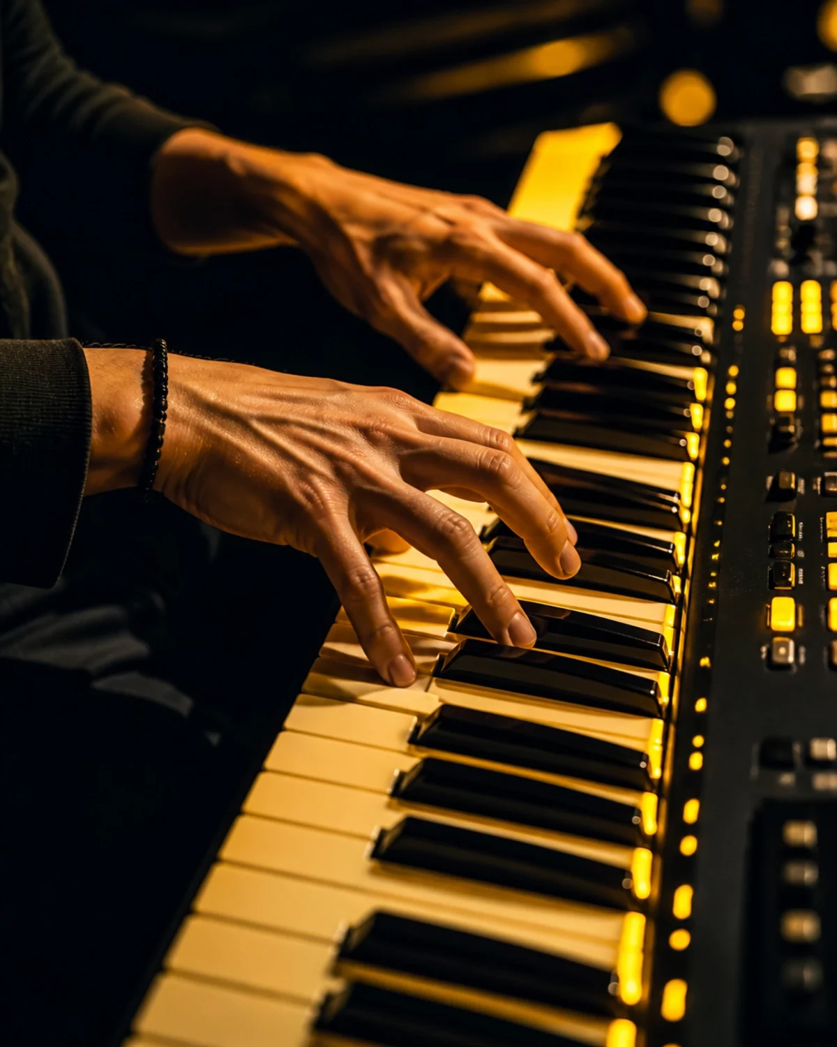 Künstlerische Nahaufnahme von Händen, die Jazz-Improvisation mit Septakkorden auf einem Keyboard spielen
