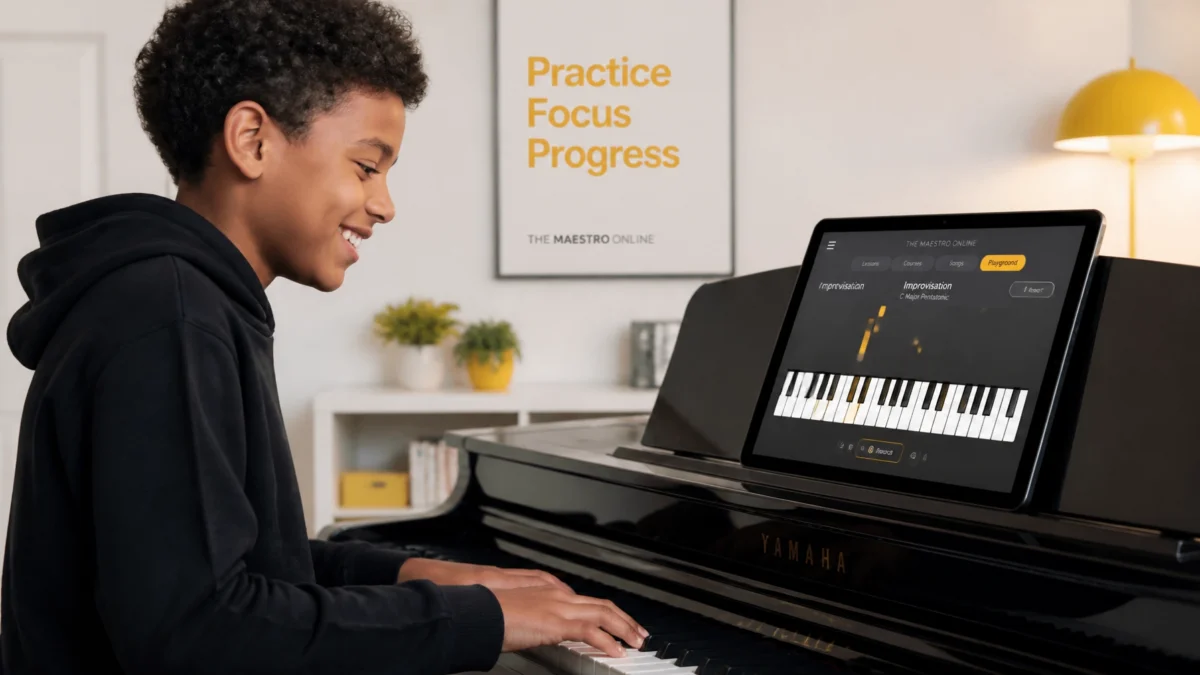 Un joven estudiante de piano usando una tableta con la interfaz de The Maestro Online, demostrando el enfoque moderno y creativo para aprender música artística africana.