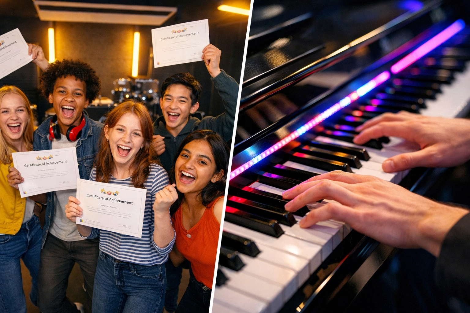 Estudiantes diversos celebrando certificados de examen de piano y tocando piano pop contemporáneo