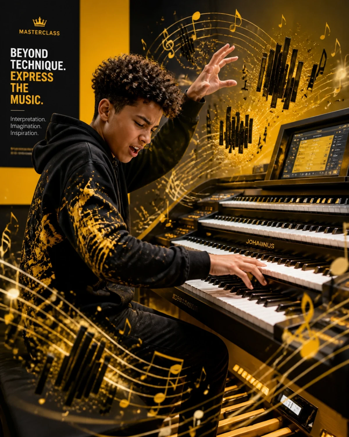 Ein konzentrierter jugendlicher Schüler an einer modernen Digitalorgel, der in einem lehrreichen Meisterkurs schwarze Notengruppen und dramatische musikalische Gesten visualisiert.