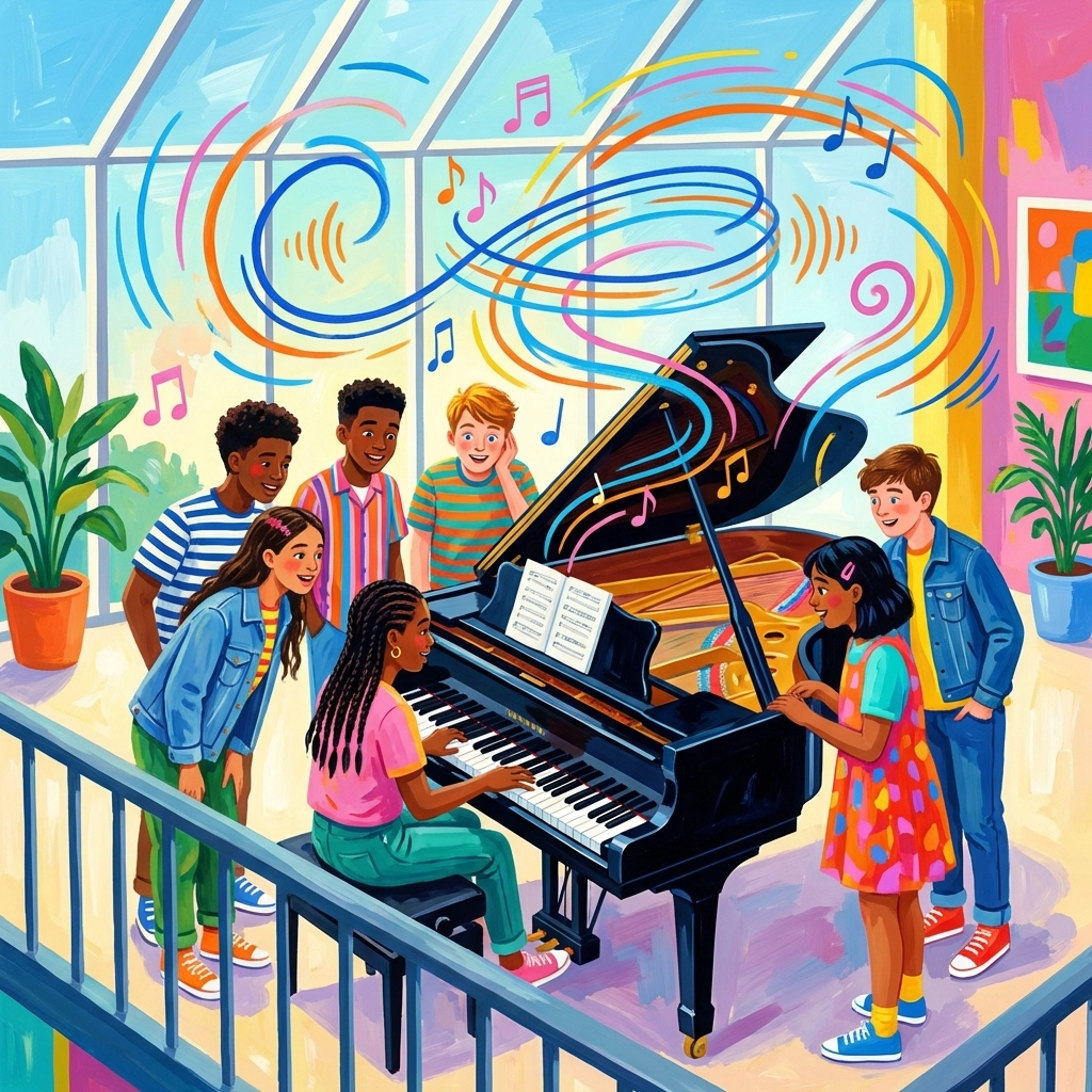 Gruppo eterogeneo di adolescenti che imparano il pianoforte insieme in uno studio musicale colorato, a simboleggiare l'apprendimento della musica e lo sviluppo del cervello