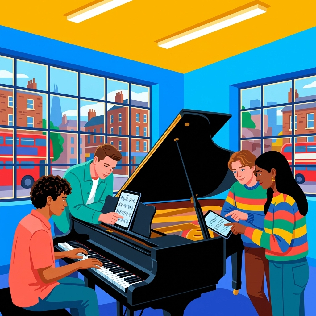 Universitätsstudenten, die sich um einen Flügel in einem Konservatorium versammeln und kreative Meisterkurse für Musikimprovisation verkörpern.