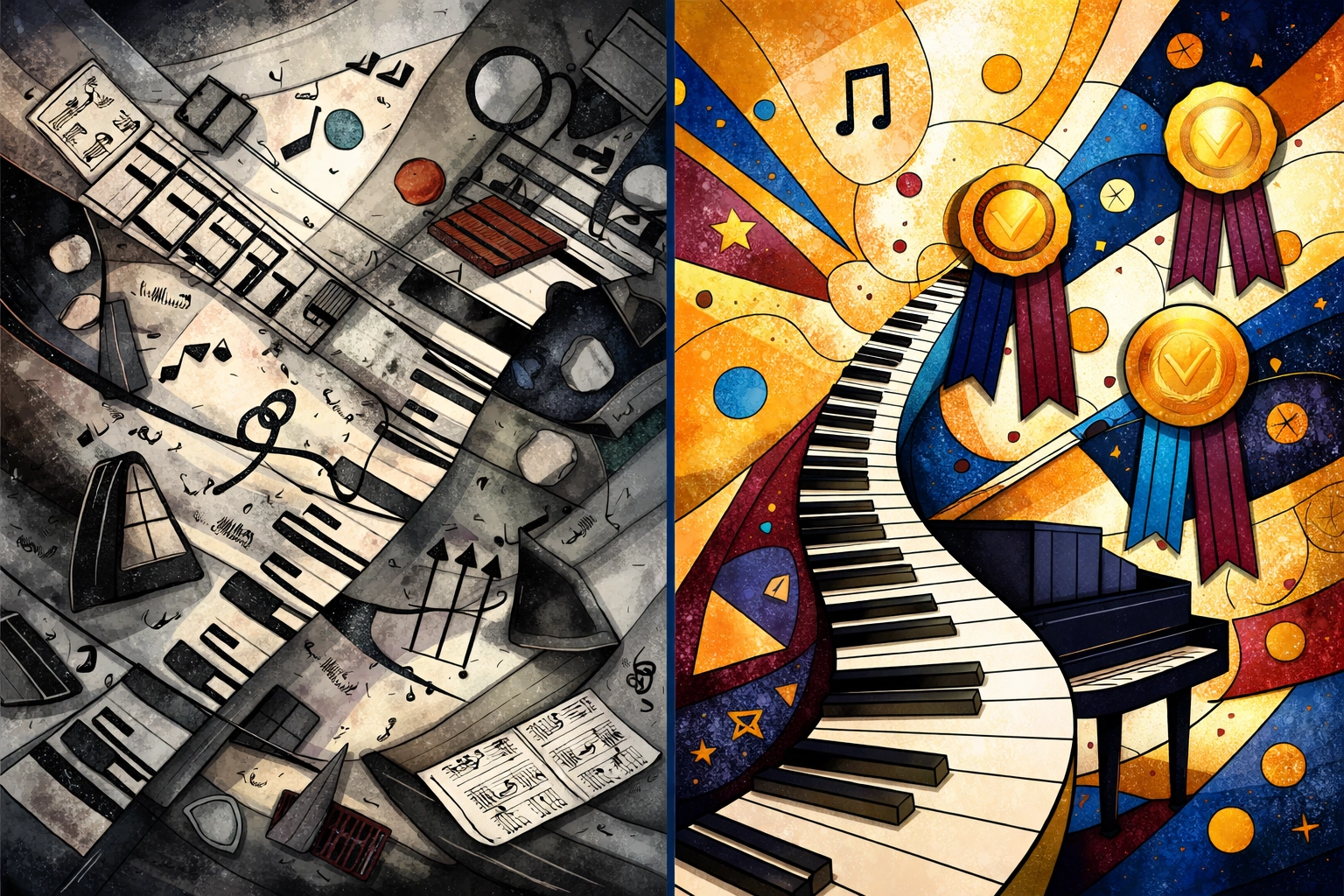 Ilustración abstracta que contrasta entornos de aprendizaje de piano en línea no acreditados y acreditados