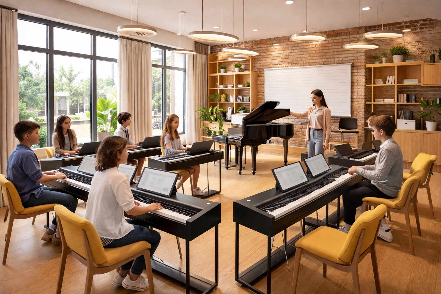 Tieners in een premium particuliere muziekschool klavierklas die een moderne benadering van historische improvisatiecursussen illustreren.