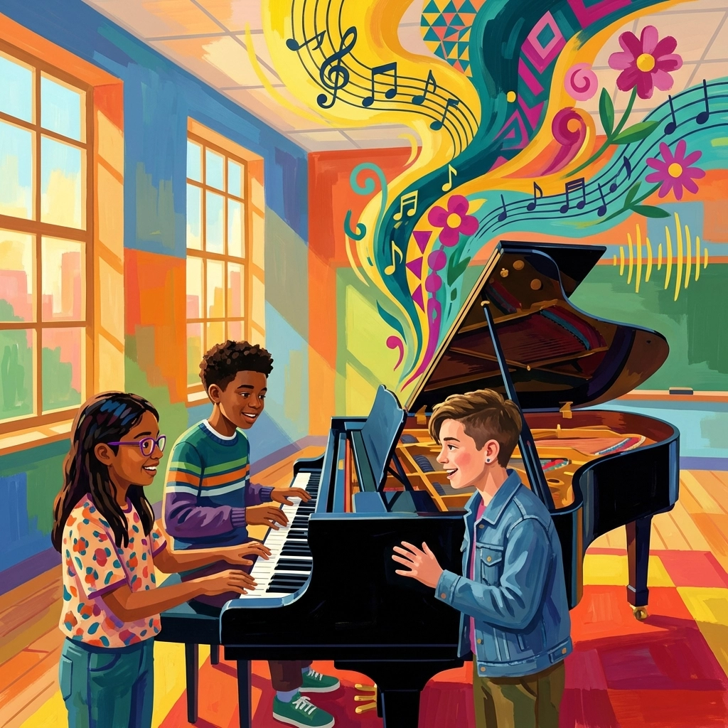 Tre giovani studenti di pianoforte improvvisano attorno a un pianoforte a coda, con notazione musicale astratta che rappresenta l'apprendimento creativo e lo sviluppo dello schema musicale.