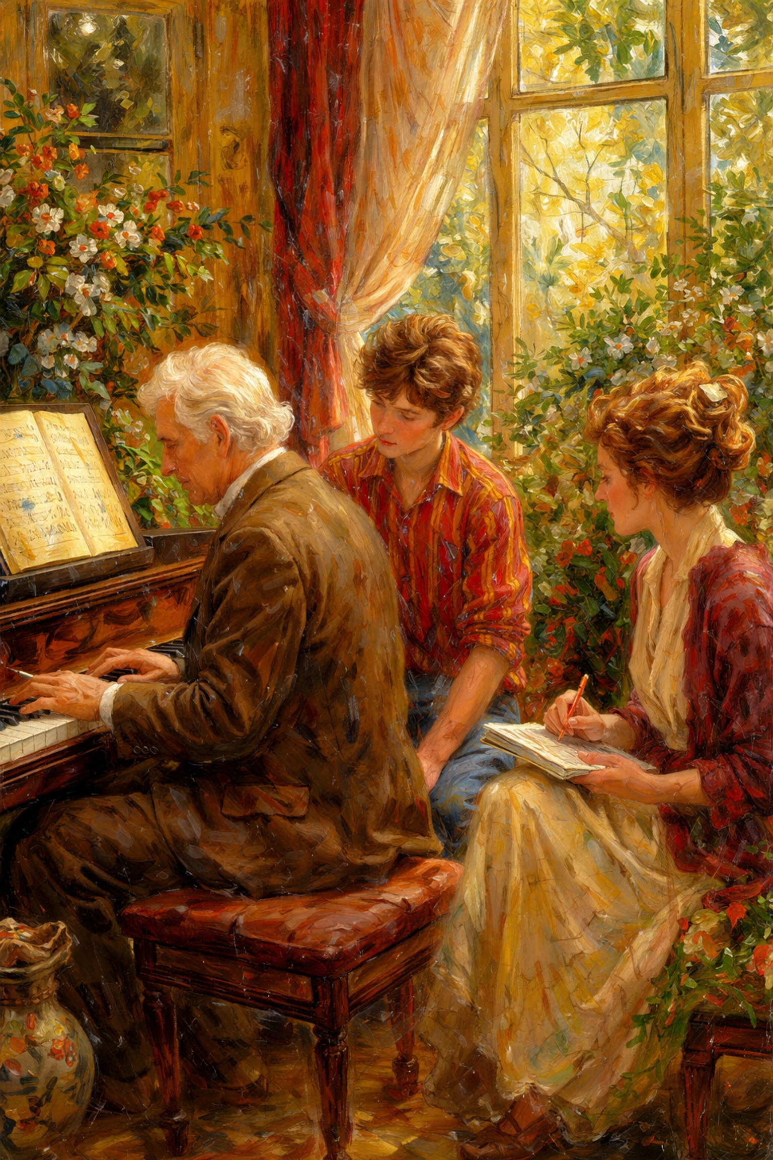 Peinture de trois générations apprenant le piano ensemble dans une pièce ensoleillée, mettant en valeur l'éducation musicale familiale.