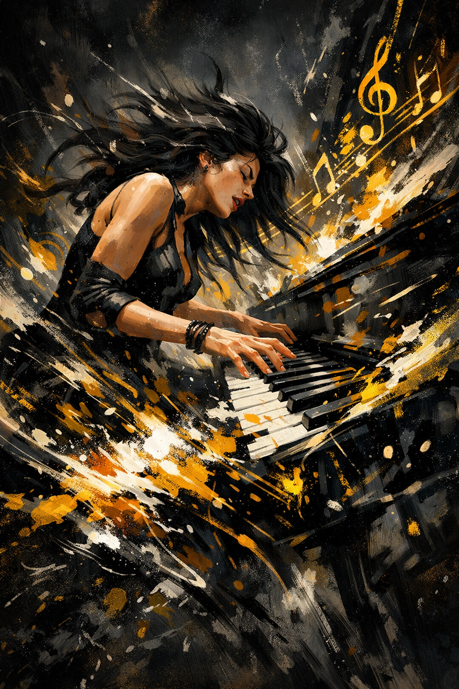 Professionele pianist die een expressieve improvisatie uitvoert die transformeert in beeldende kunst.