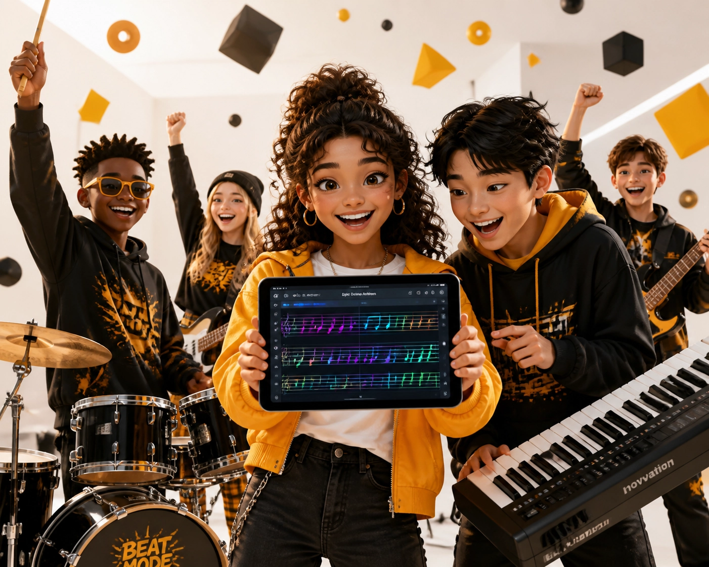 Músicos jóvenes diversos usando tabletas digitales y teclados para cursos de piano en línea acreditados por Ofqual.