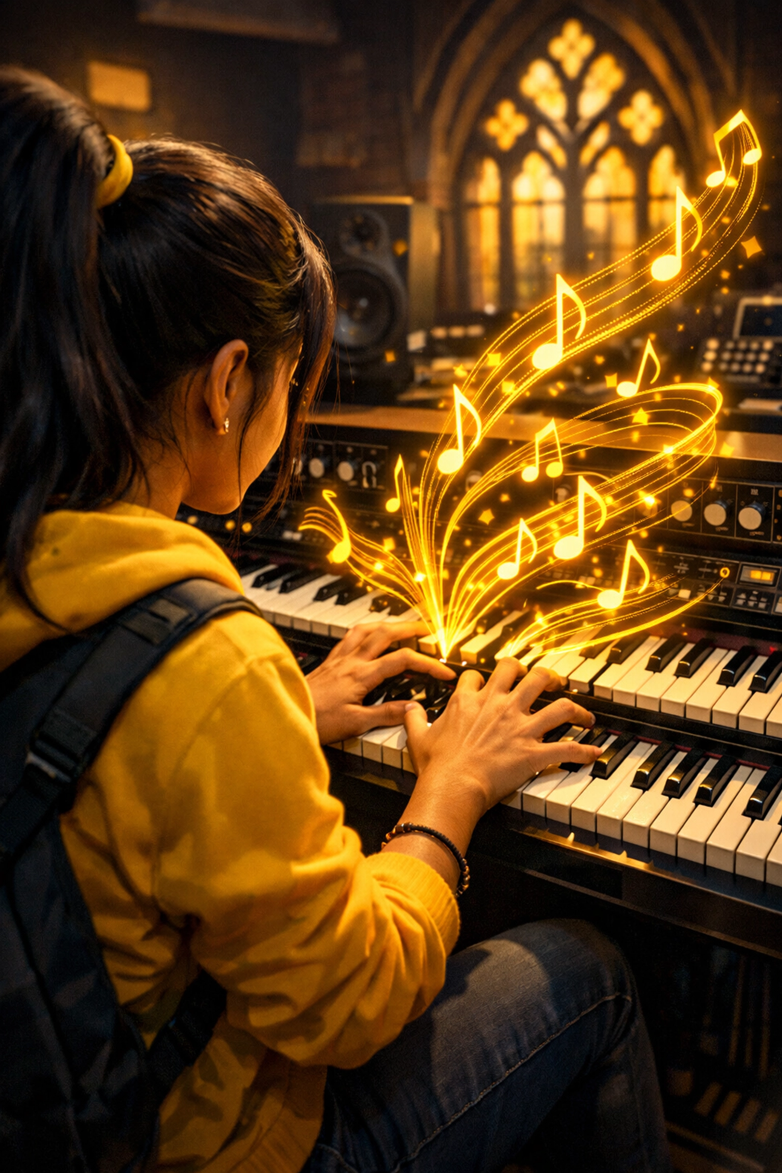 Uno studente che suona dissonanze armoniche e accordi complessi su un organo da chiesa in una lezione online.