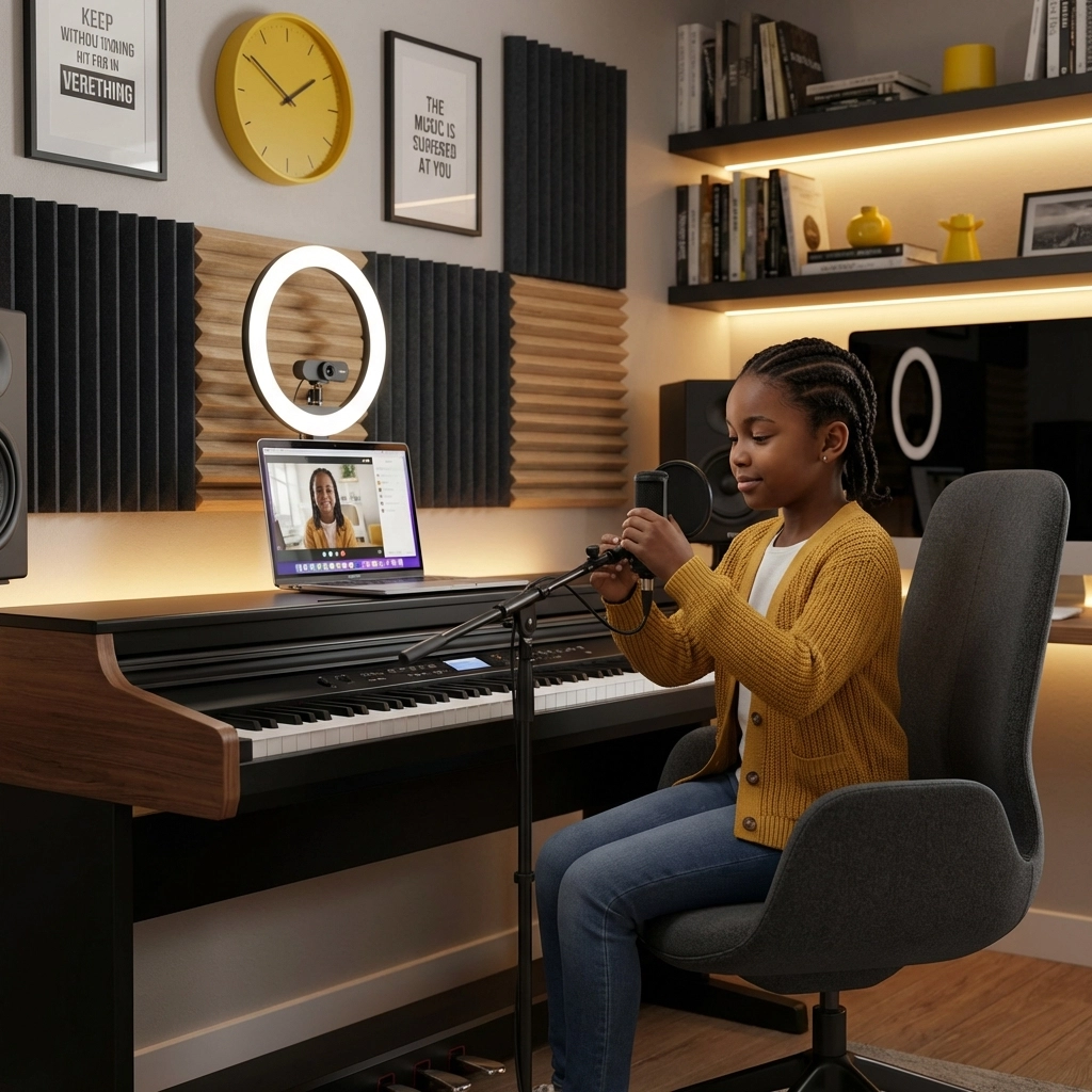 Une jeune fille s'installe dans son studio de musique à domicile, prête pour un examen de piano en ligne dans un environnement sans distractions.