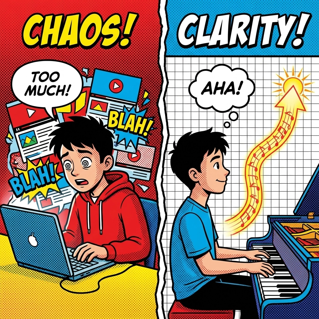 Antes y después de un adolescente aprendiendo piano con y sin guía estructurada, mostrando los beneficios de las lecciones de piano organizadas para principiantes.