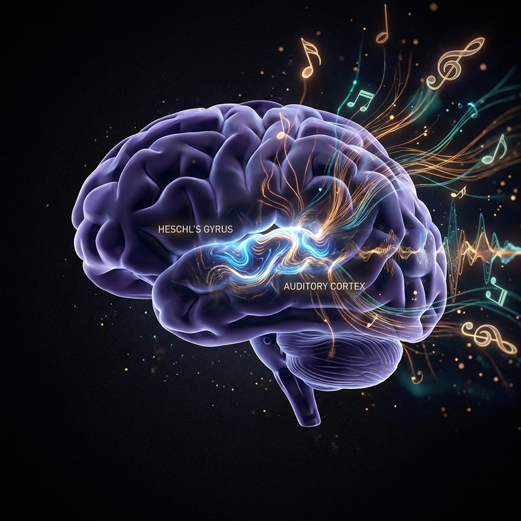 Illustration d'un cerveau humain mettant en évidence le cortex auditif et la neuroplasticité musicale pour l'entraînement de l'oreille