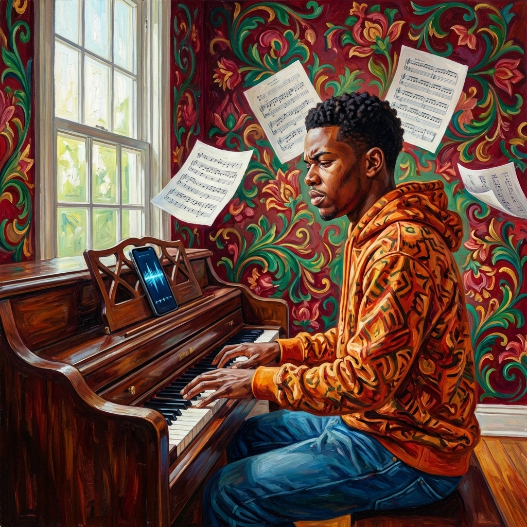 Adolescente negro practicando piano en una sala de música luminosa y vibrante con partituras y un teléfono inteligente, mostrando dedicación al progreso del piano.