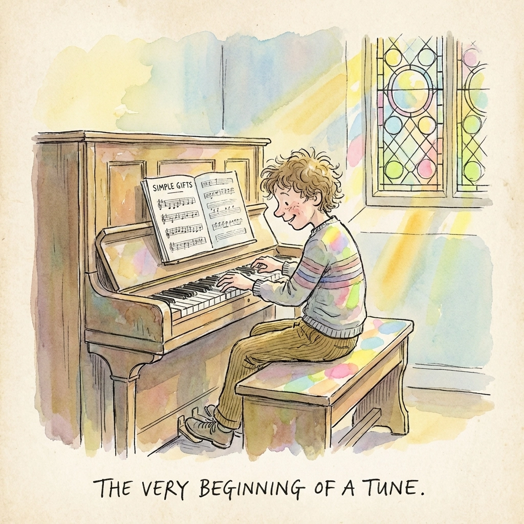Joven estudiante en un órgano de iglesia aprendiendo a improvisar melodías de himnos, luz del sol entrando a través de vidrieras, capturando el comienzo de un viaje de improvisación