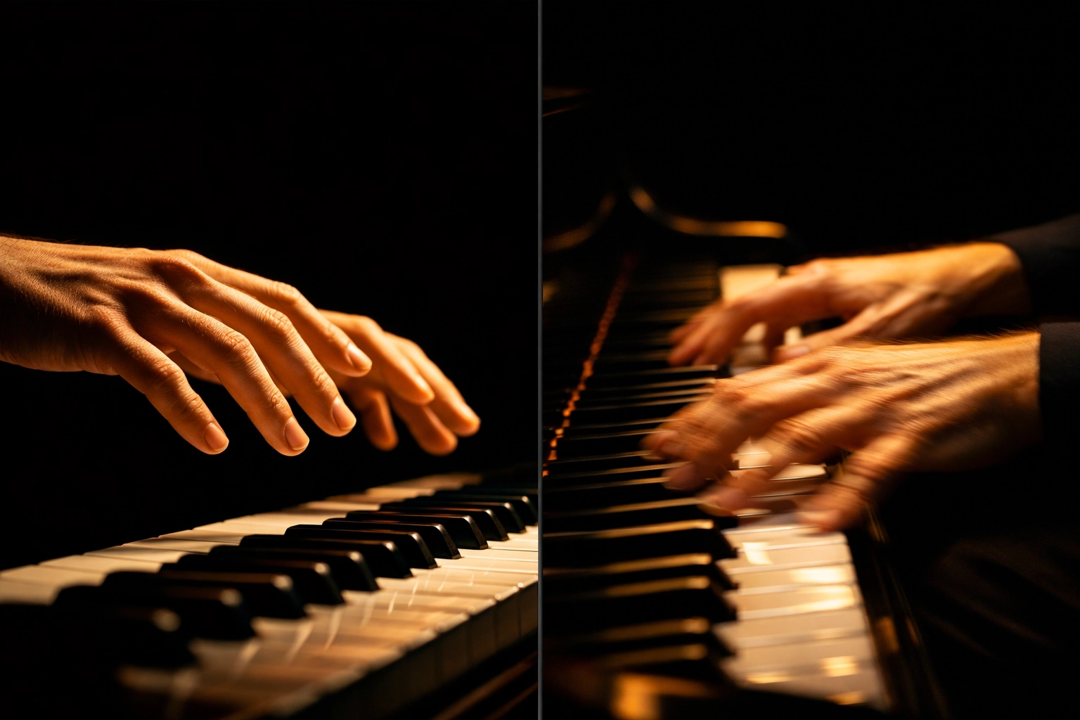 Mani di un pianista che aleggiano sui tasti, a dimostrazione dell'audiation prima di un'esibizione di improvvisazione al pianoforte