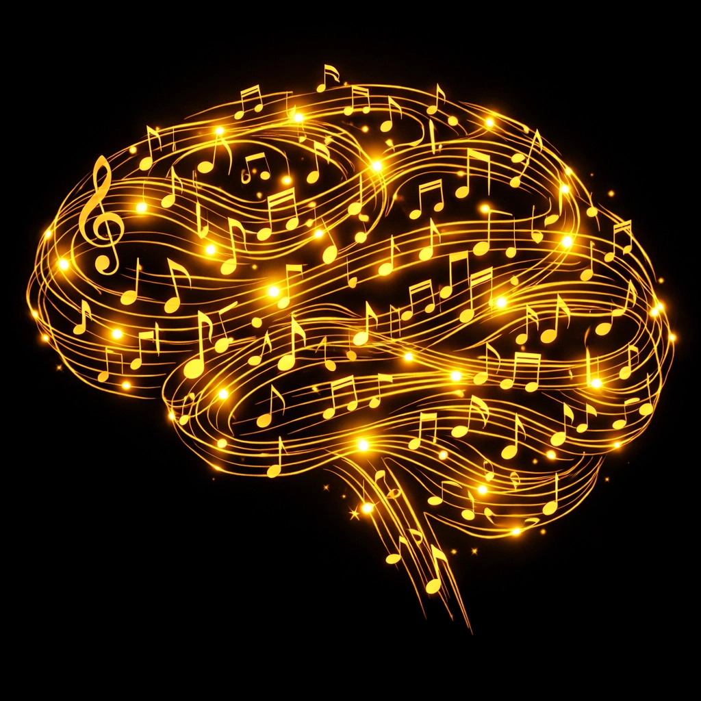 Cervello composto da notazione musicale che mostra la scienza cognitiva dell'audizione e dell'apprendimento uditivo