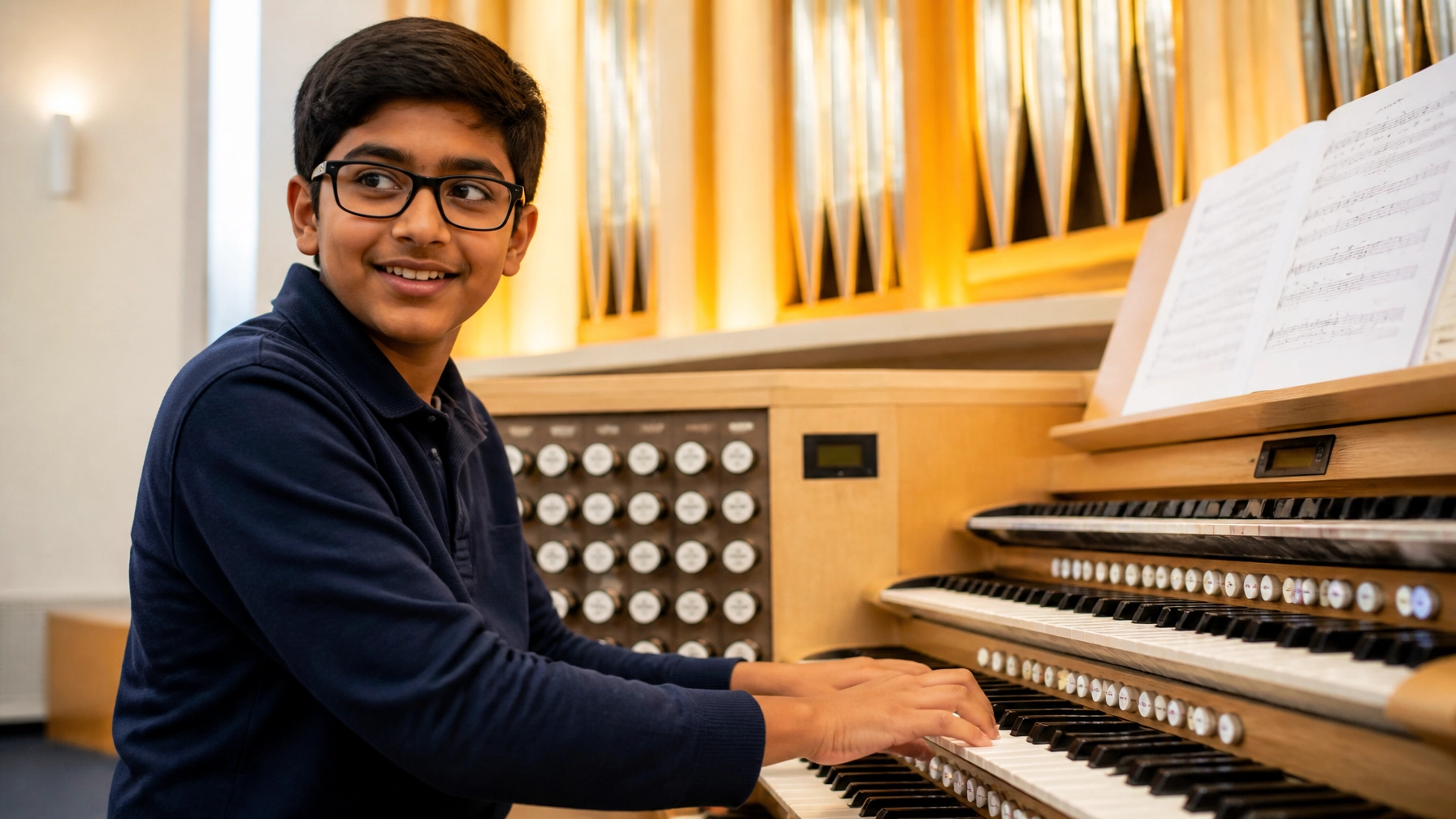 Un(e) jeune étudiant(e) organiste diversifié(e) s'exerçant à l'improvisation modale sur la console d'un orgue à tuyaux moderne