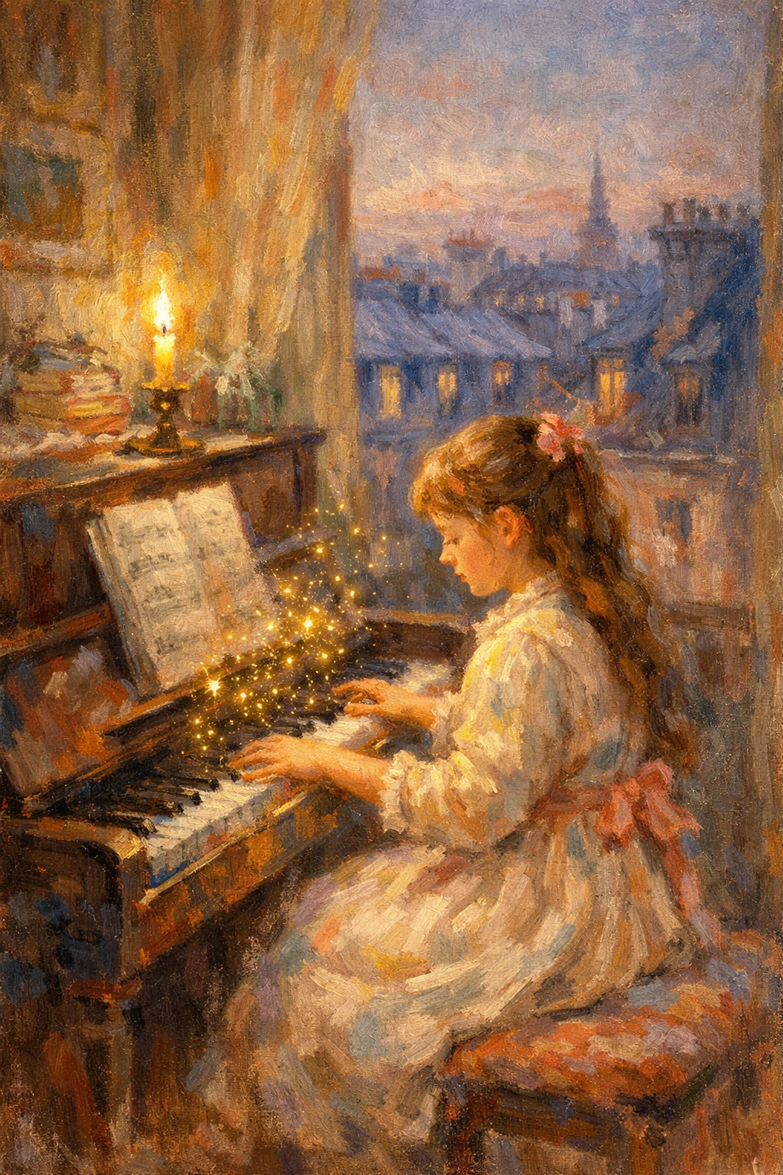 La jeune Mélanie Bonis s'enseignant l'improvisation au piano dans un appartement parisien des années 1860