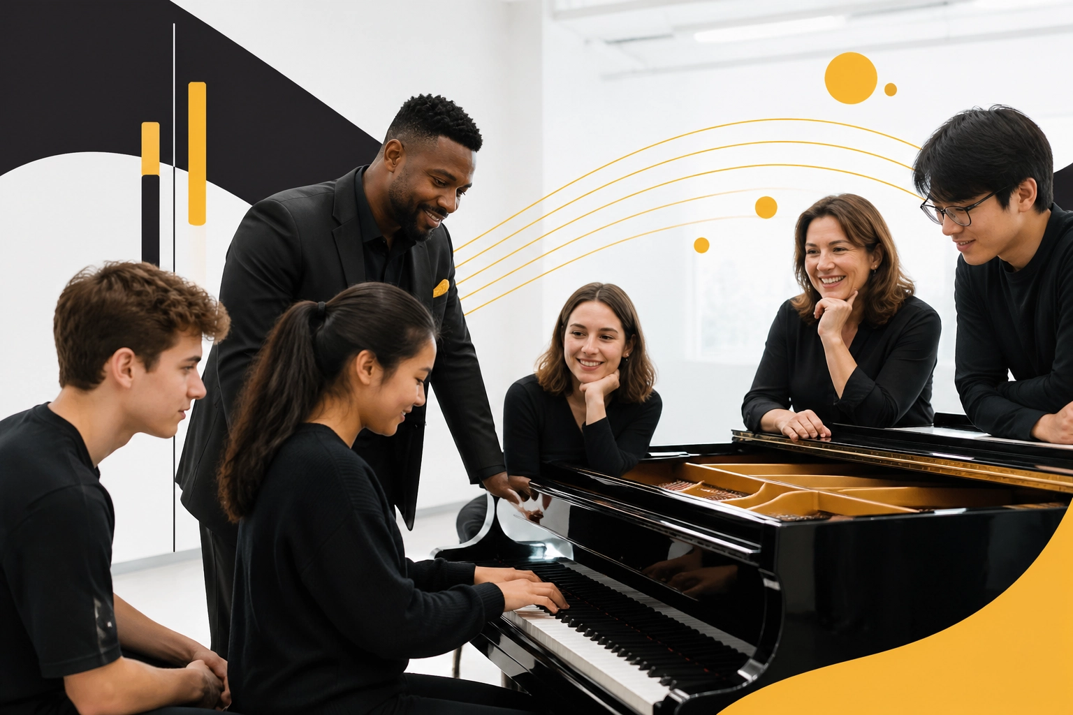 Pagina principale di pilastro sull'improvvisazione pianistica che mostra studenti diversi e un pianoforte a coda in un ambiente di educazione musicale professionale e moderno