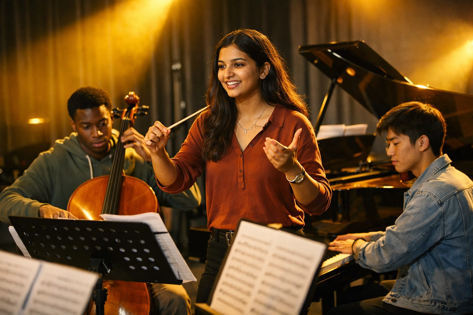 Divers étudiants en musique A-Level collaborant lors d'une répétition d'ensemble avec piano, violoncelle et violon