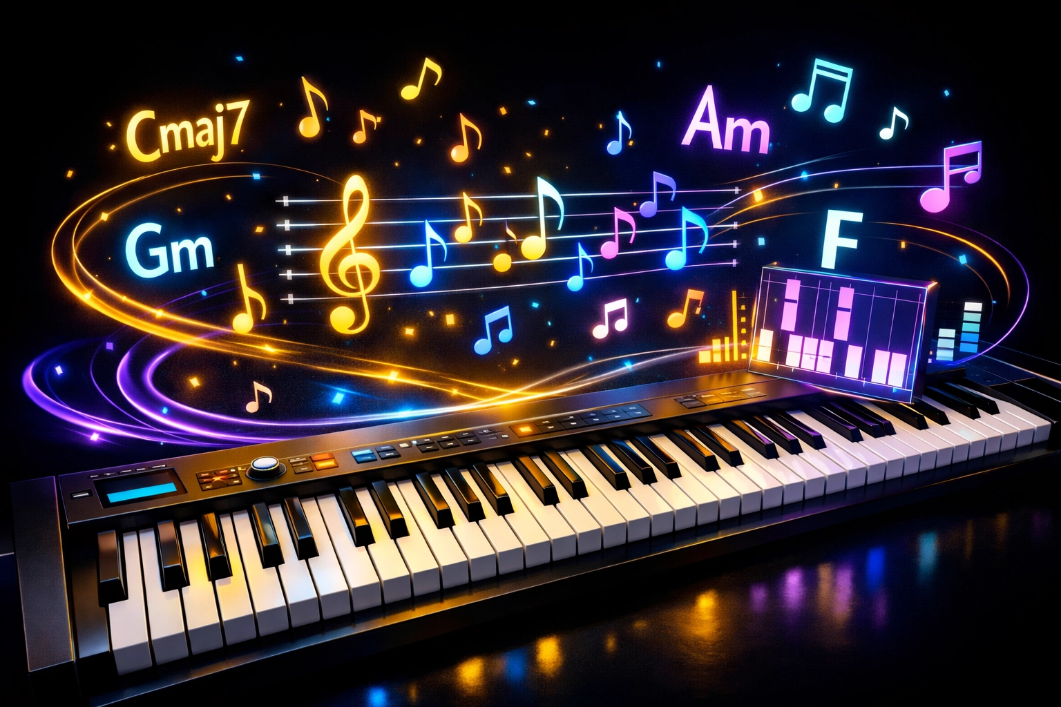 Libreria di masterclass di improvvisazione al pianoforte con note musicali fluttuanti e simboli di accordi