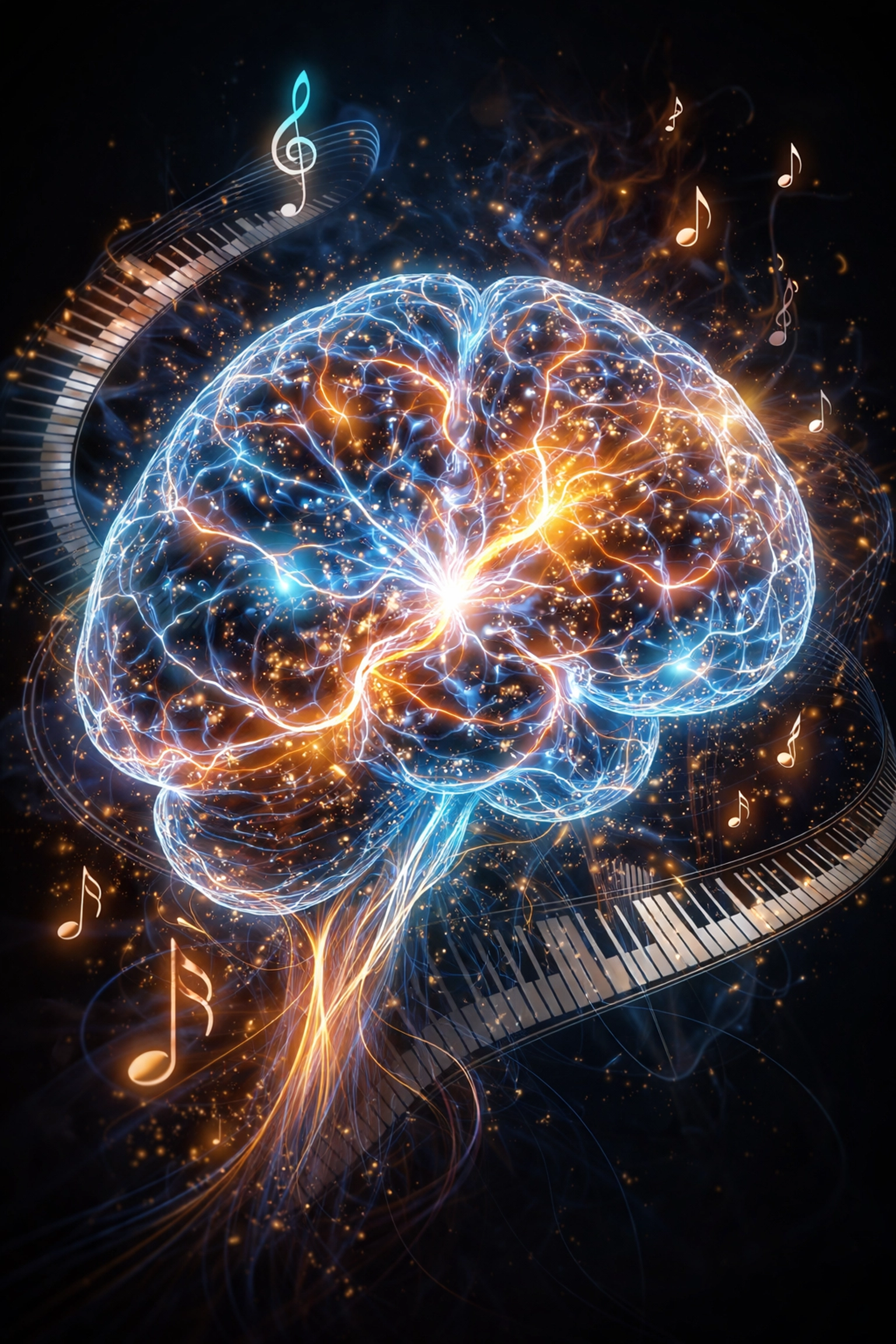 Illustration d'un cerveau humain lumineux avec des notes de musique, représentant les bienfaits du piano et de la neuroplasticité pour tous les âges.