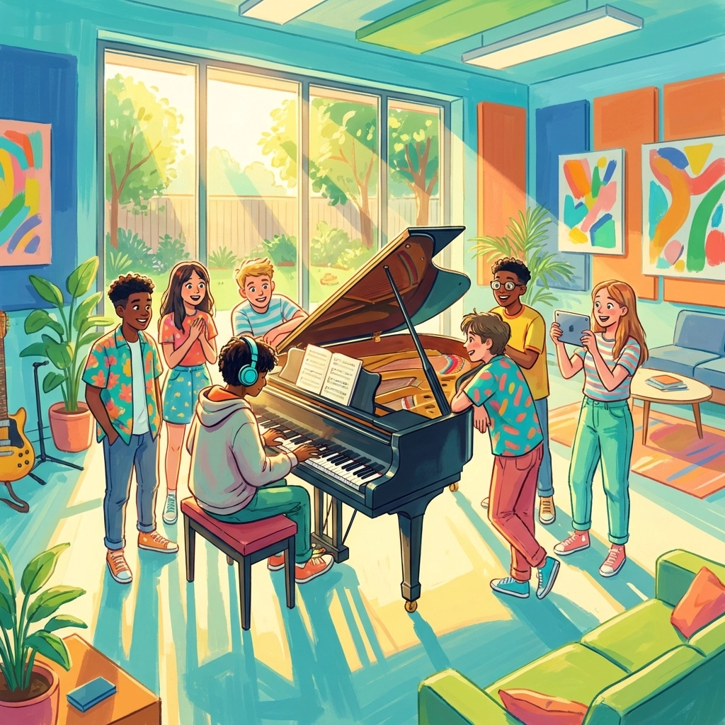 Vielfältige Gruppe begeisterter Teenager, die gemeinsam in einem modernen Klavierstudio lernen und inspirierende Musikstunden symbolisieren.