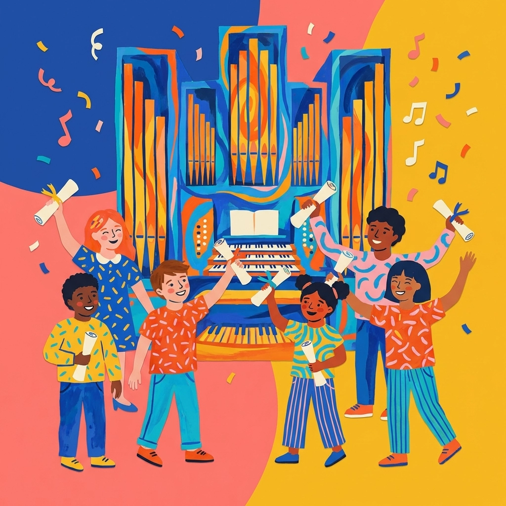 Enfants célébrant avec des diplômes devant un orgue de concert, symbolisant la réussite et la communauté des masterclasses d'orgue en ligne.
