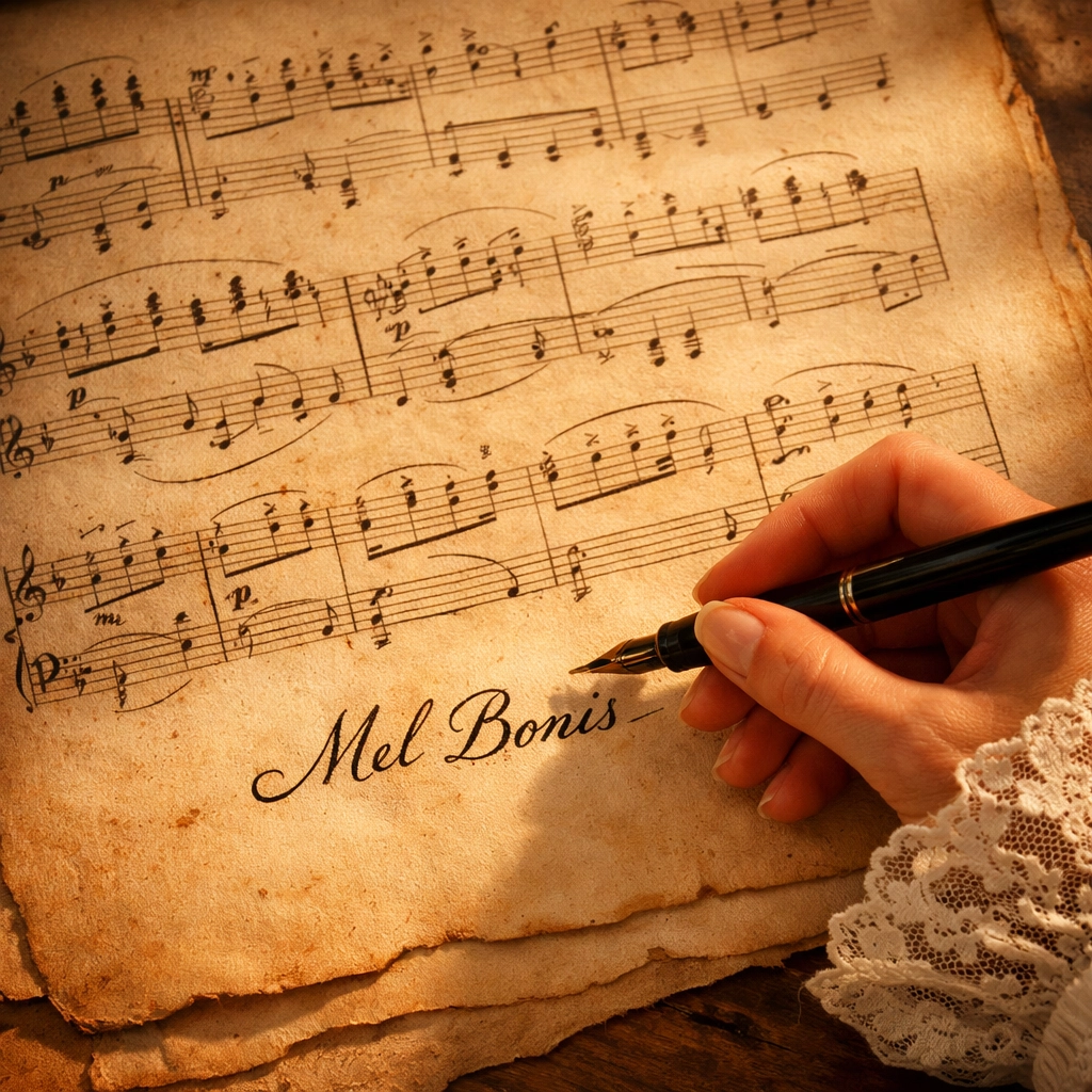 Mel Bonis signant un manuscrit sous pseudonyme, partition de musique de style Belle Époque avec notation manuscrite