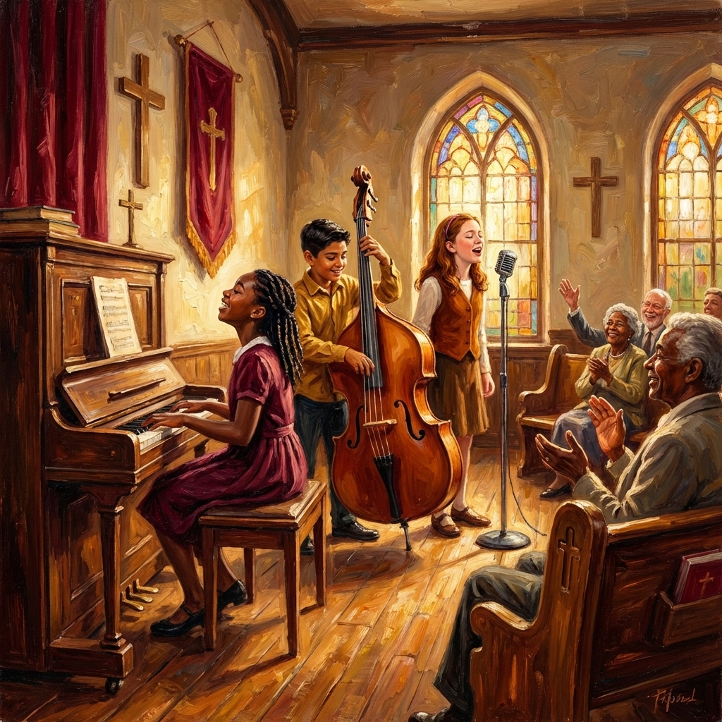 Junge Musiker spielen Gospelmusik mit Klavier, Bass und Gesang in einer lebendigen Kirche, die Gospel-Akkordprogressionen hervorhebt