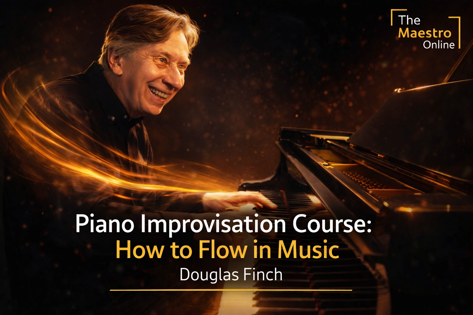 [HERO] Curso de Improvisación de Piano: Cómo fluir en la música - Imagen principal de flujo de piano cinematográfico de Douglas Finch con el logo de The Maestro Online