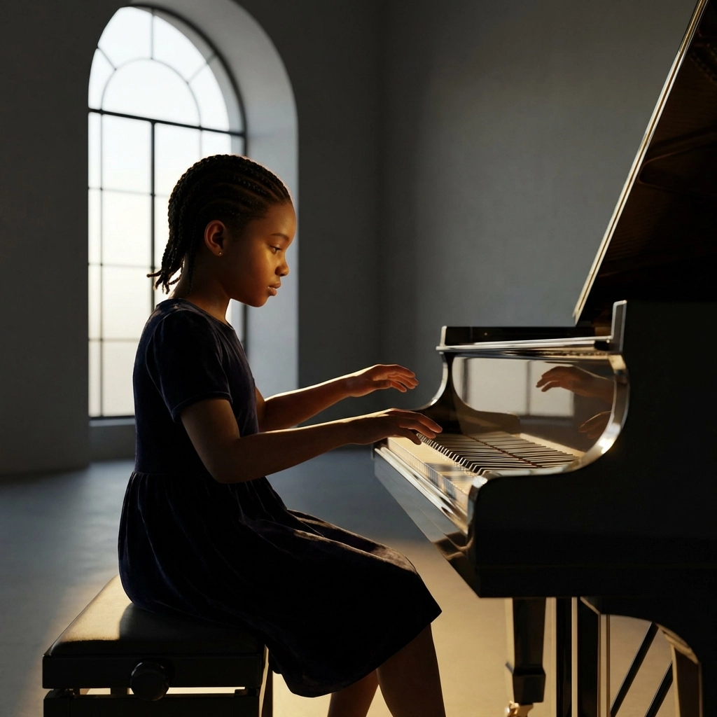 Niña concentrada practicando piano con excelente técnica y postura en un estudio de música moderno, destacando el impacto de la educación pianística estructurada.