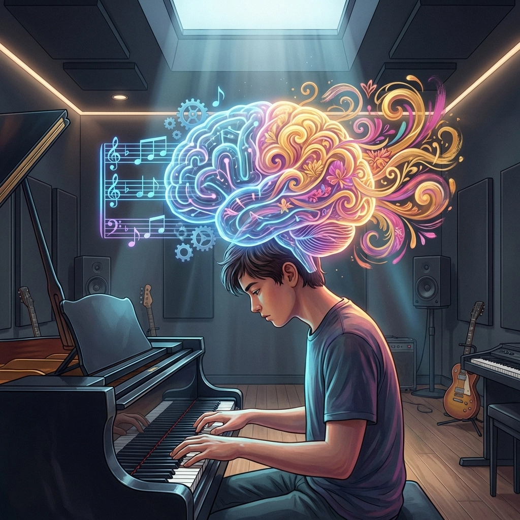Un étudiant adolescent au piano devant un piano à queue avec des réseaux cérébraux illustrés montrant la neuroscience de l'improvisation et de la réinitialisation créative dans les leçons de musique.