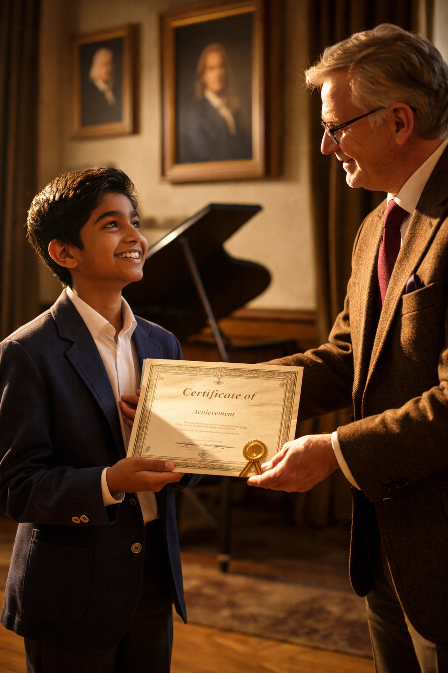Estudiante de piano adolescente recibiendo un certificado oficial de un examinador de música, simbolizando un logro acreditado