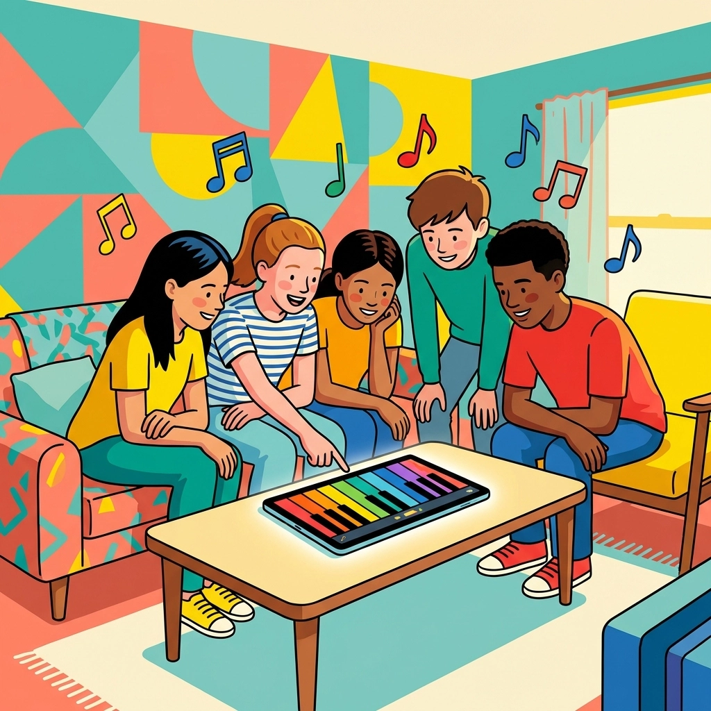 Grupo diverso de niños aprendiendo piano en línea juntos usando un colorido teclado interactivo, educación musical e innovación tecnológica.