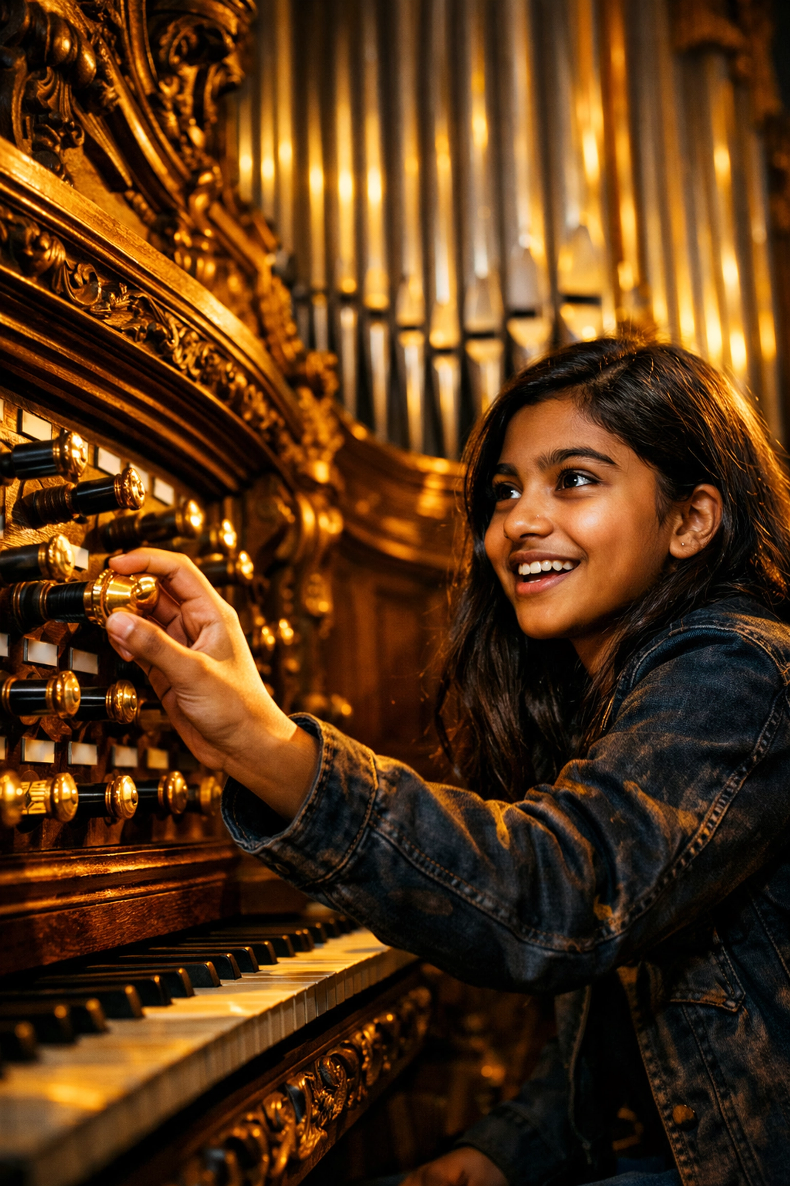 Étudiant sélectionnant un jeu à la console d'un orgue baroque français pour une improvisation de Basse de Trompette.