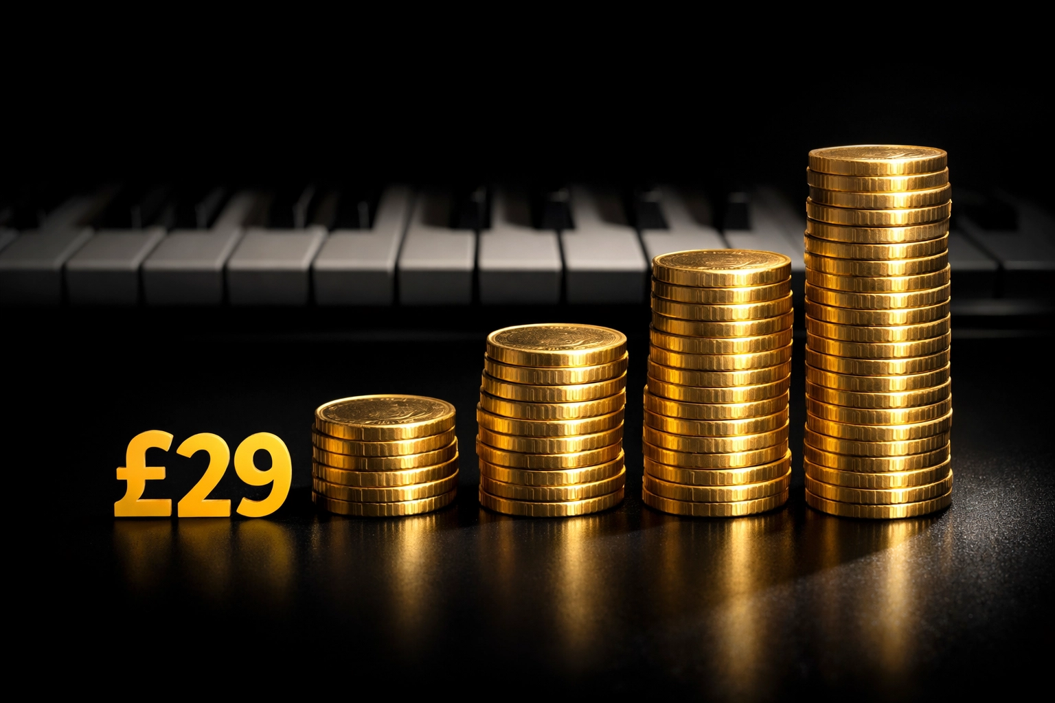 Comparación de tarifas de exámenes de piano del Reino Unido que muestra la opción más barata a £29 con pilas de monedas de libra