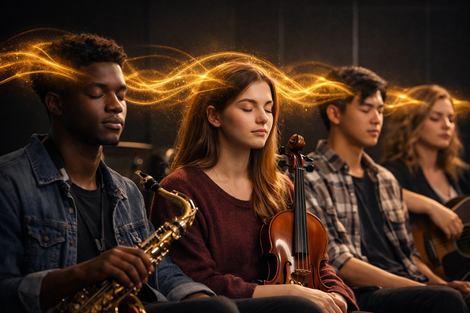 Diversi studenti di musica che praticano l'audizione a occhi chiusi, visualizzando l'apprendimento sonoro interno