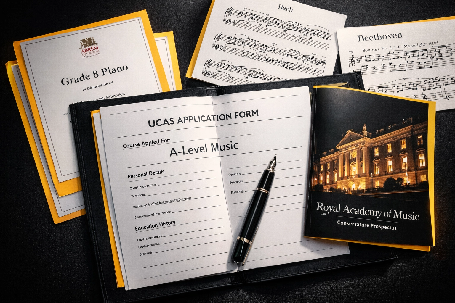 Formulaire de candidature UCAS montrant la qualification A-Level Music avec des certificats de Grade 8 et le prospectus du conservatoire