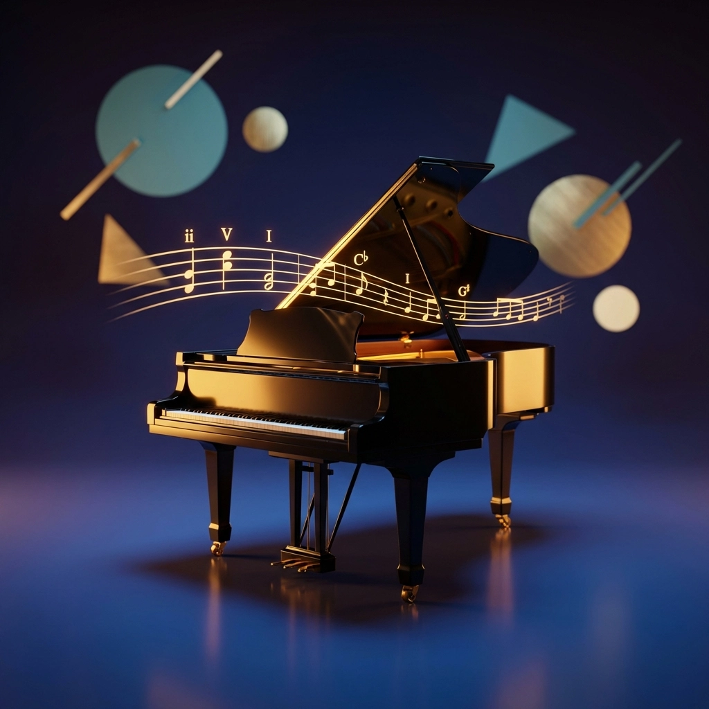 Eleganter Flügel mit hervorgehobenen Jazz-Akkordprogressionen, die die ii-V-I-Progression in einem jazzinspirierten Setting illustrieren