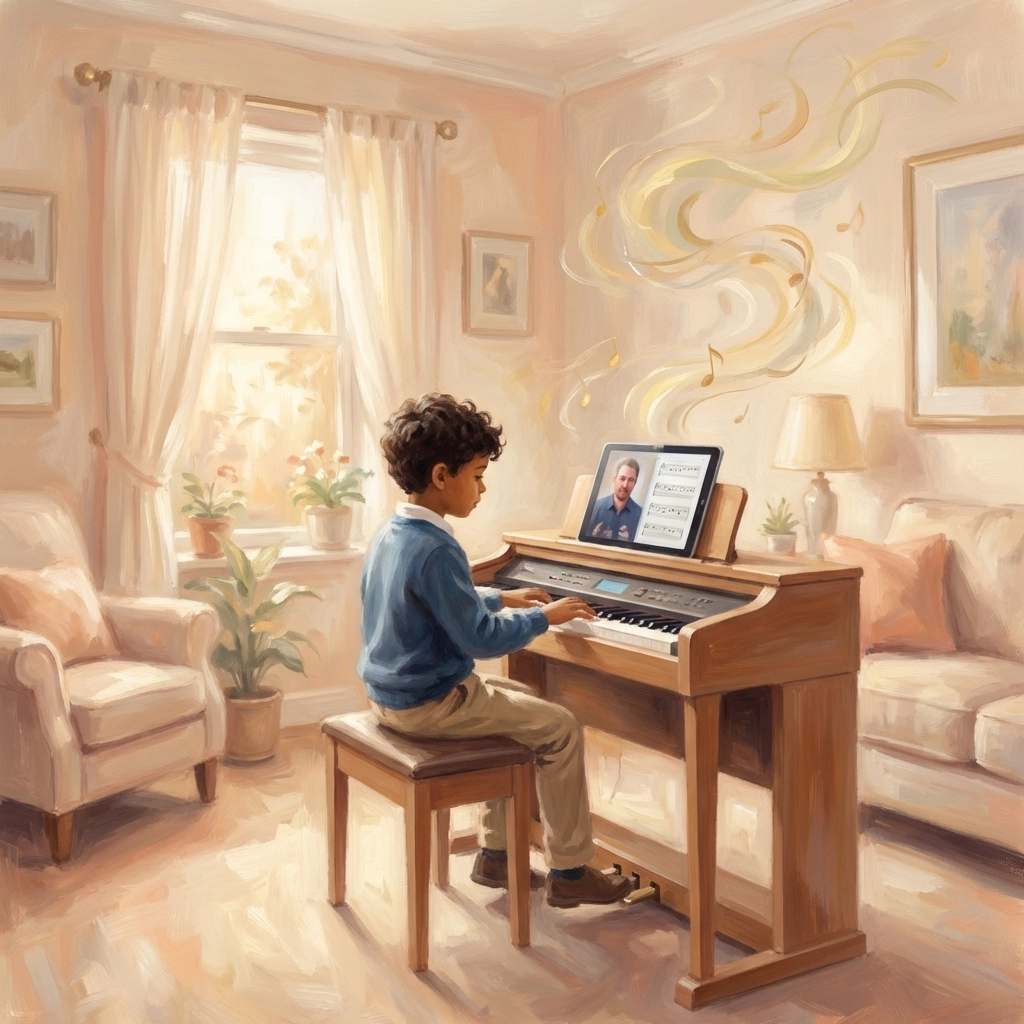 Jugendlicher übt zu Hause eine Digitalorgel mit virtuellem Unterricht, was den Orgelunterricht für junge Lernende hervorhebt.