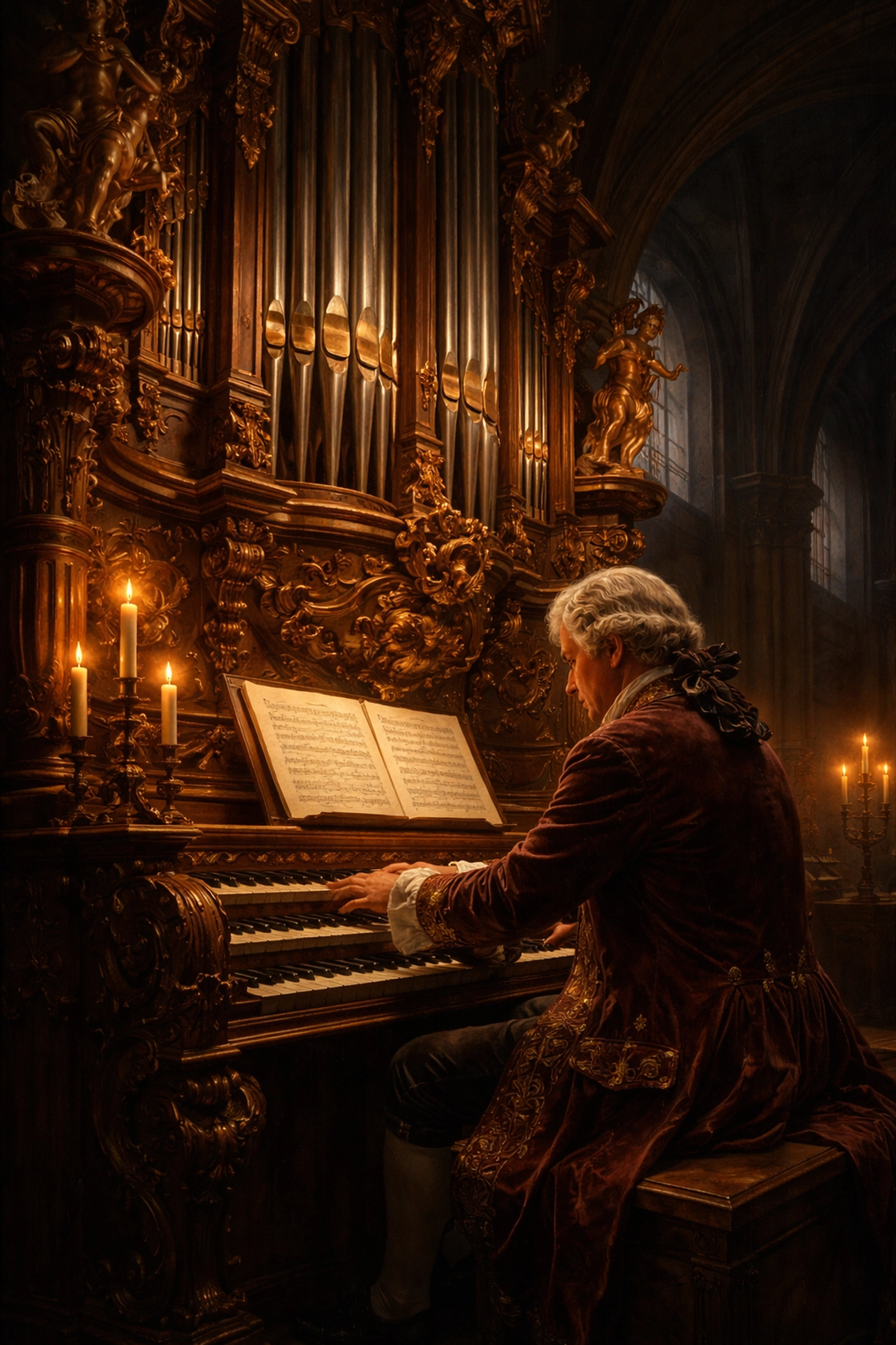 Organista de la época barroca improvisando en un órgano de tubos ornamentado en una iglesia histórica alemana, ilustrando la tradición organística del norte de Alemania