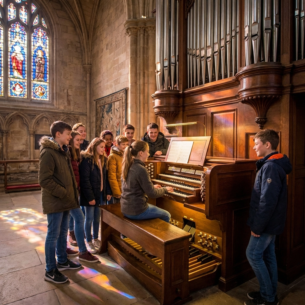 Un groupe d'adolescents enthousiastes apprenant ensemble à un grand orgue dans une cathédrale, illustrant l'engagement à une masterclass d'orgue en ligne.