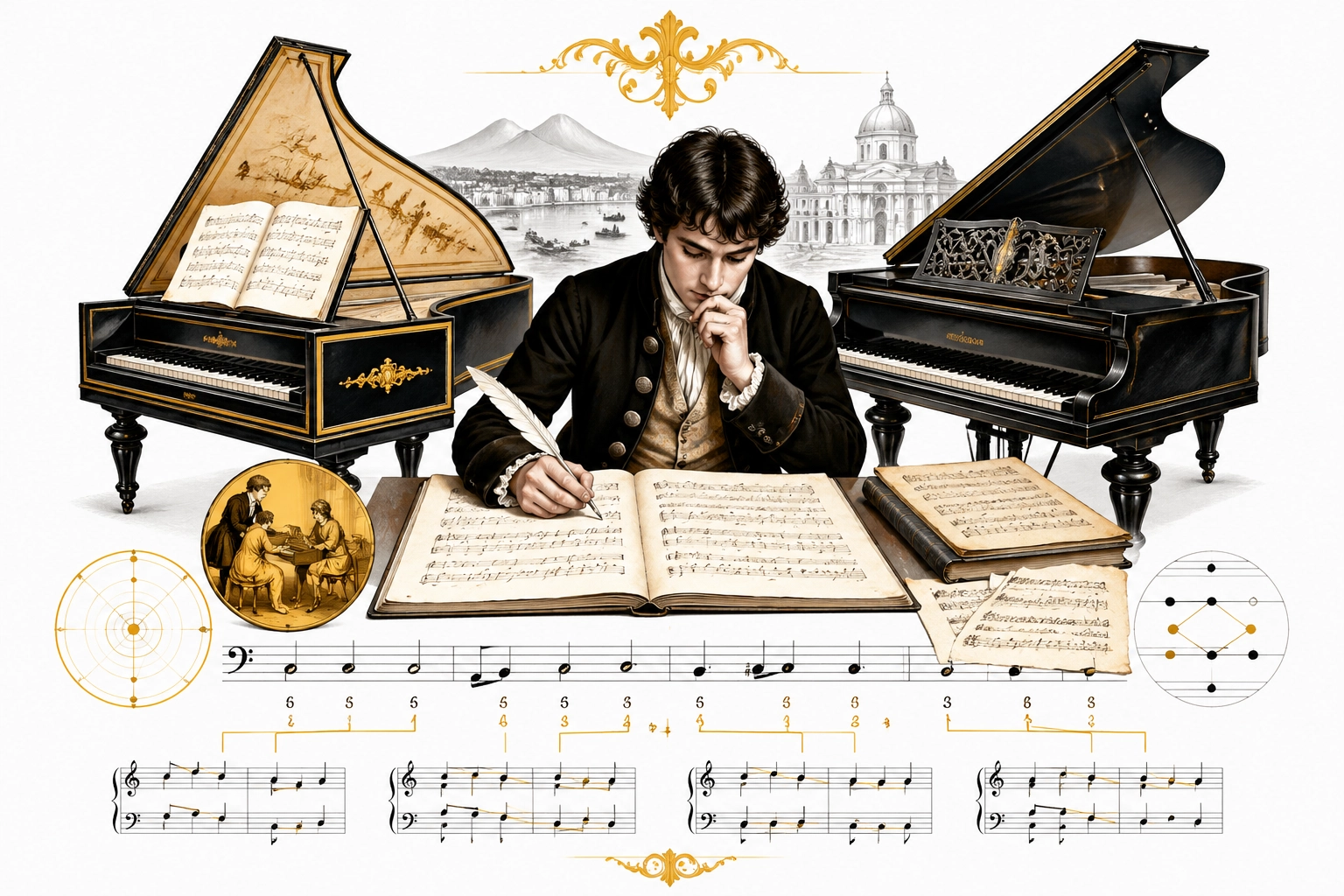 Immagine educativa della tradizione dei Partimenti napoletani che mostra uno studente di tastiera che studia un manoscritto di basso didattico all'clavicembalo e al pianoforte