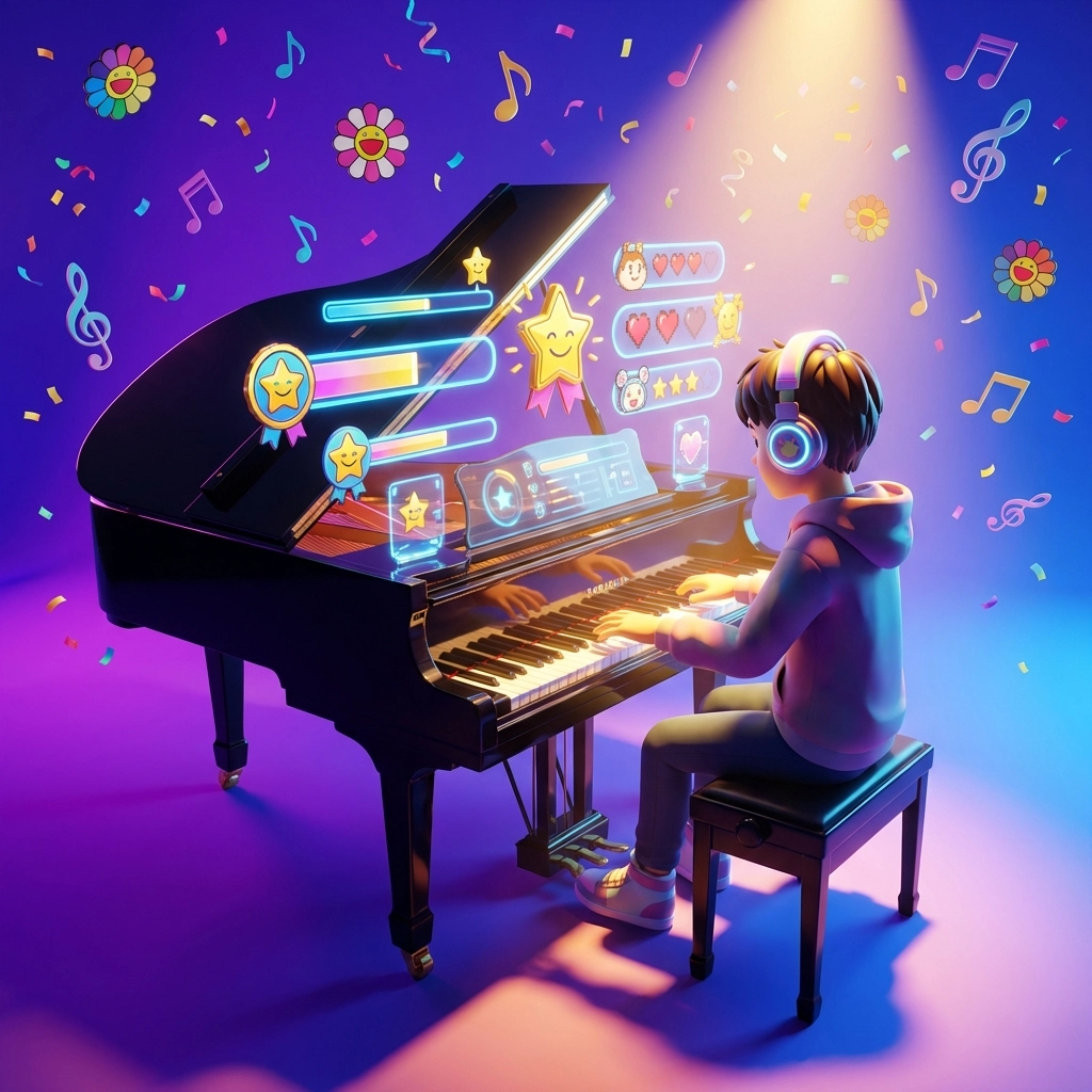 Adolescente practicando piano en una interfaz digital que muestra barras de progreso e íconos de logros, celebrando el éxito en un examen de piano en línea.
