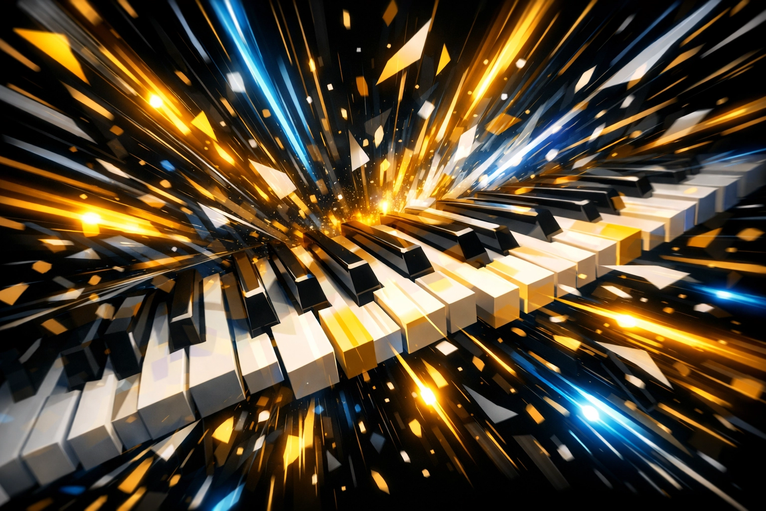 Ejercicio de improvisación de piano de oleada de alta energía que muestra energía explosiva y movimiento cinético de las teclas