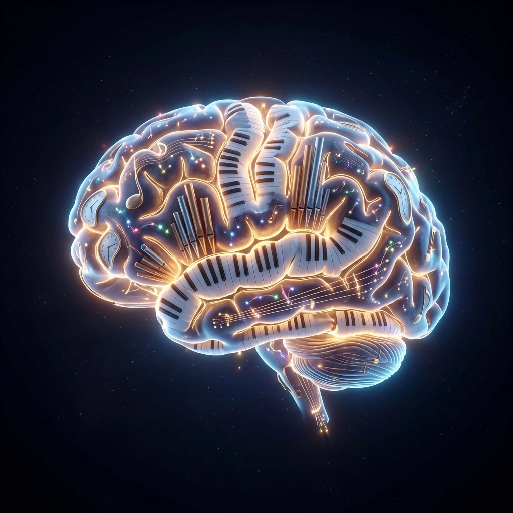 Rappresentazione artistica di un cervello umano formato da strumenti musicali, che illustra la neuroplasticità nell'educazione musicale